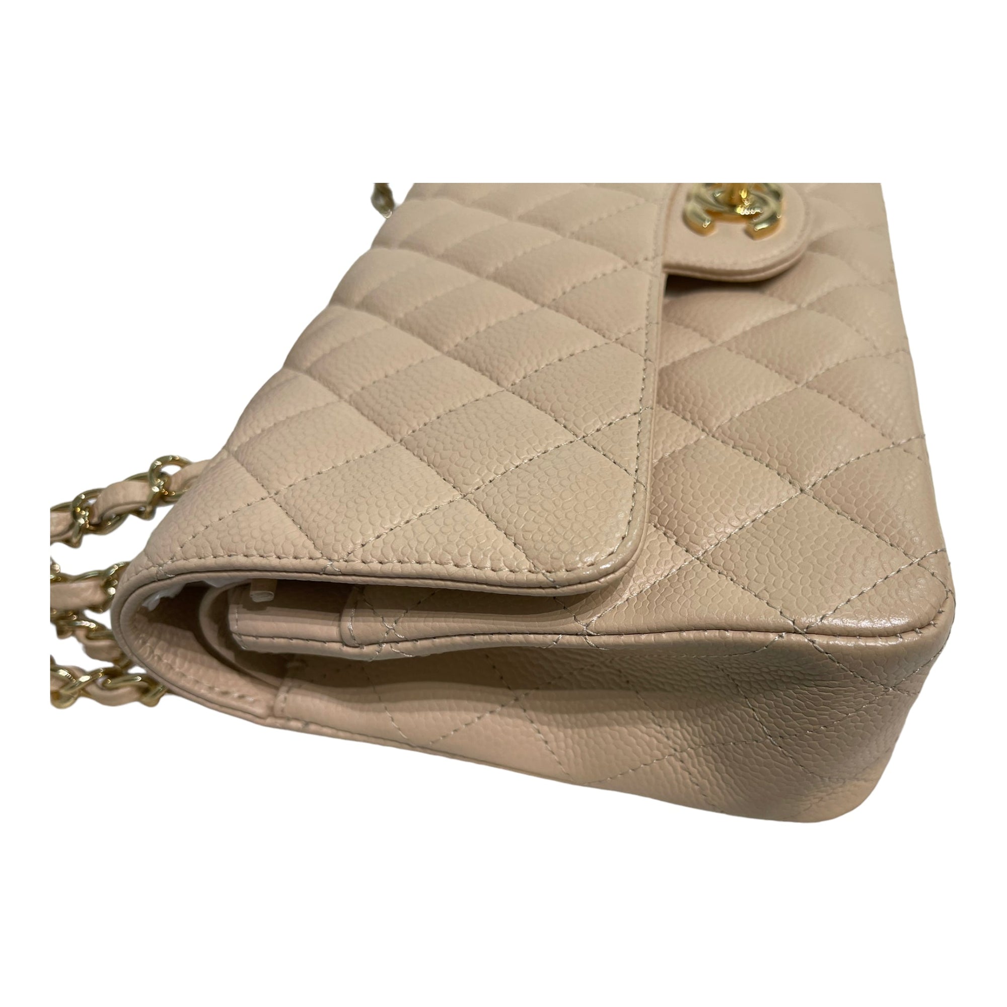 CHNL Classic M/L Medium Flap Quilted Beige Caviar Gold Hardware