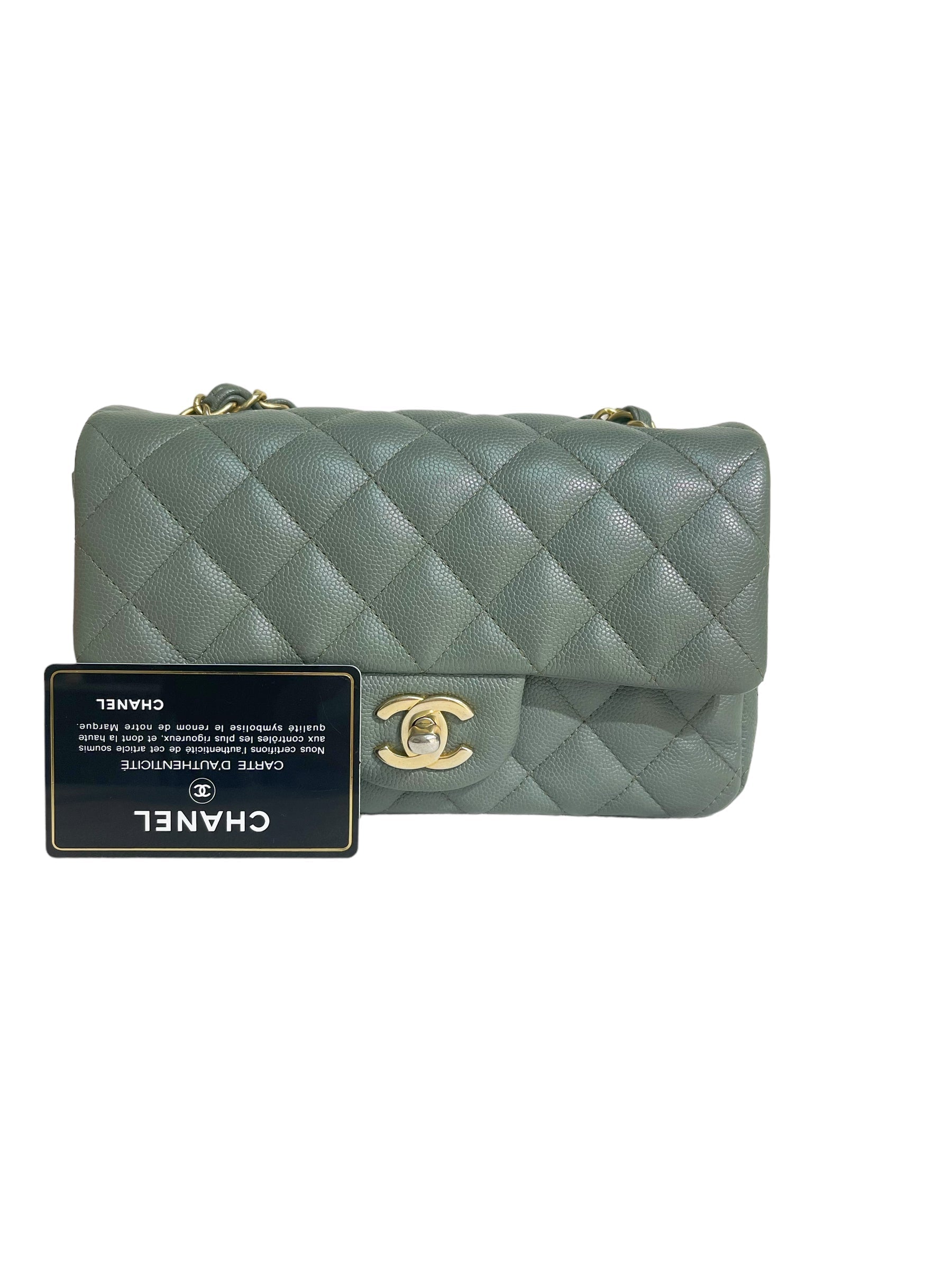 CHNL 18C Iridescent Green Caviar Rectangular Mini Flap Bag Brushed Gold Hardware