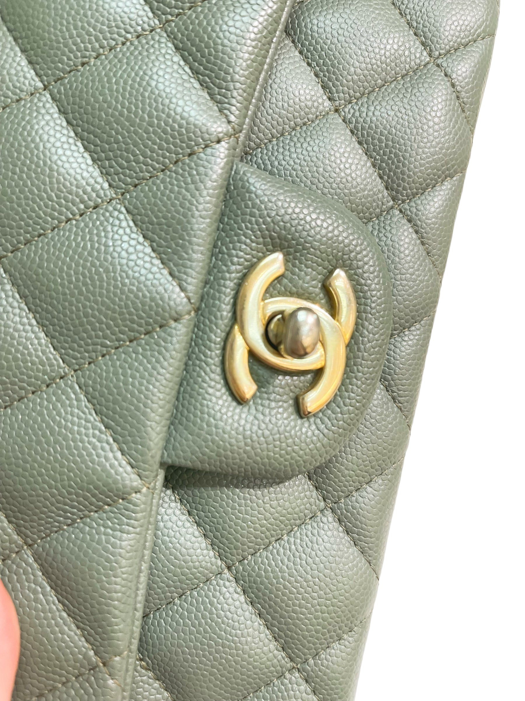 CHNL 18C Iridescent Green Caviar Rectangular Mini Flap Bag Brushed Gold Hardware