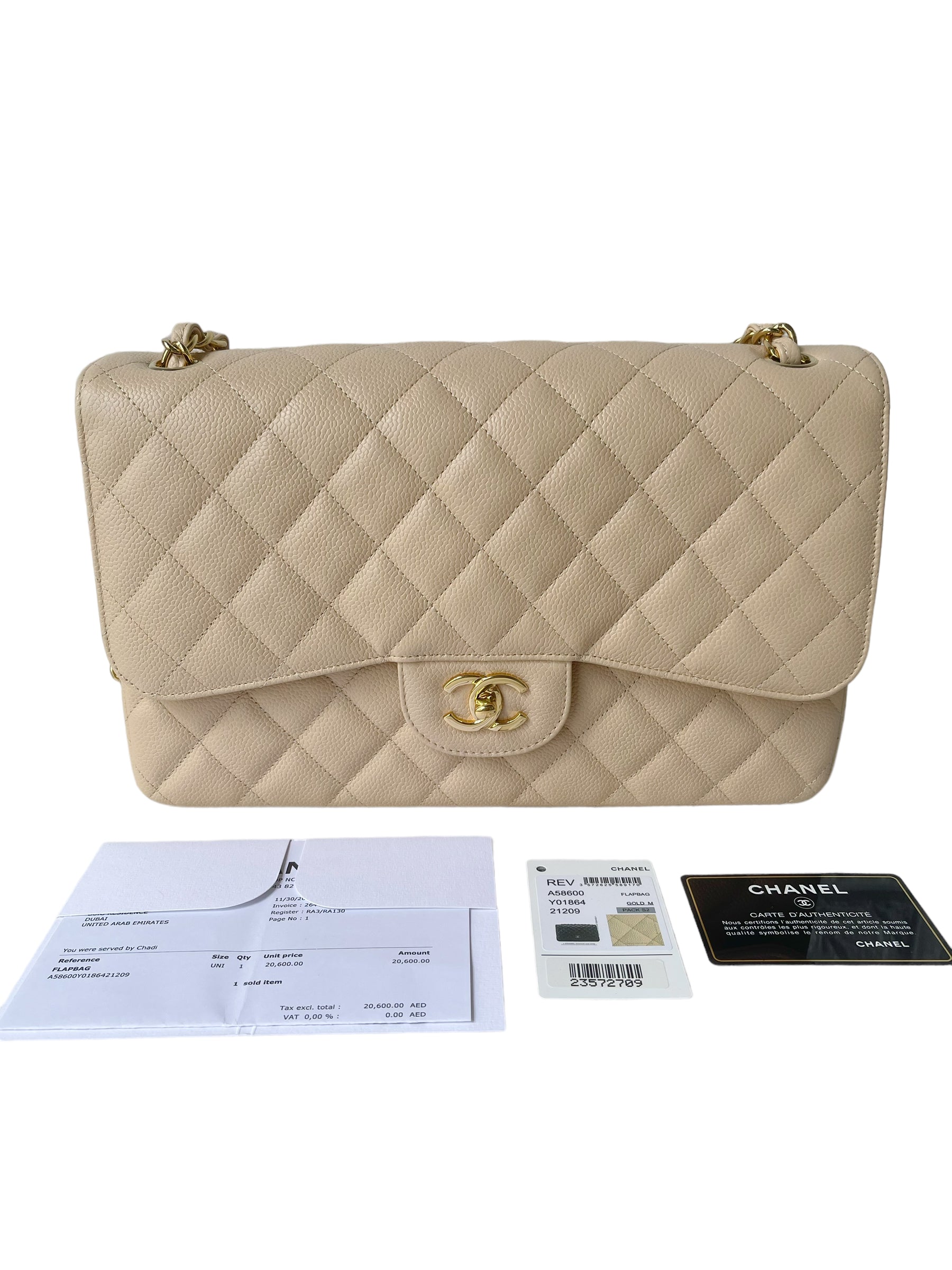 CHNL Jumbo Double Flap Beige Caviar Gold Hardware⁣⁣