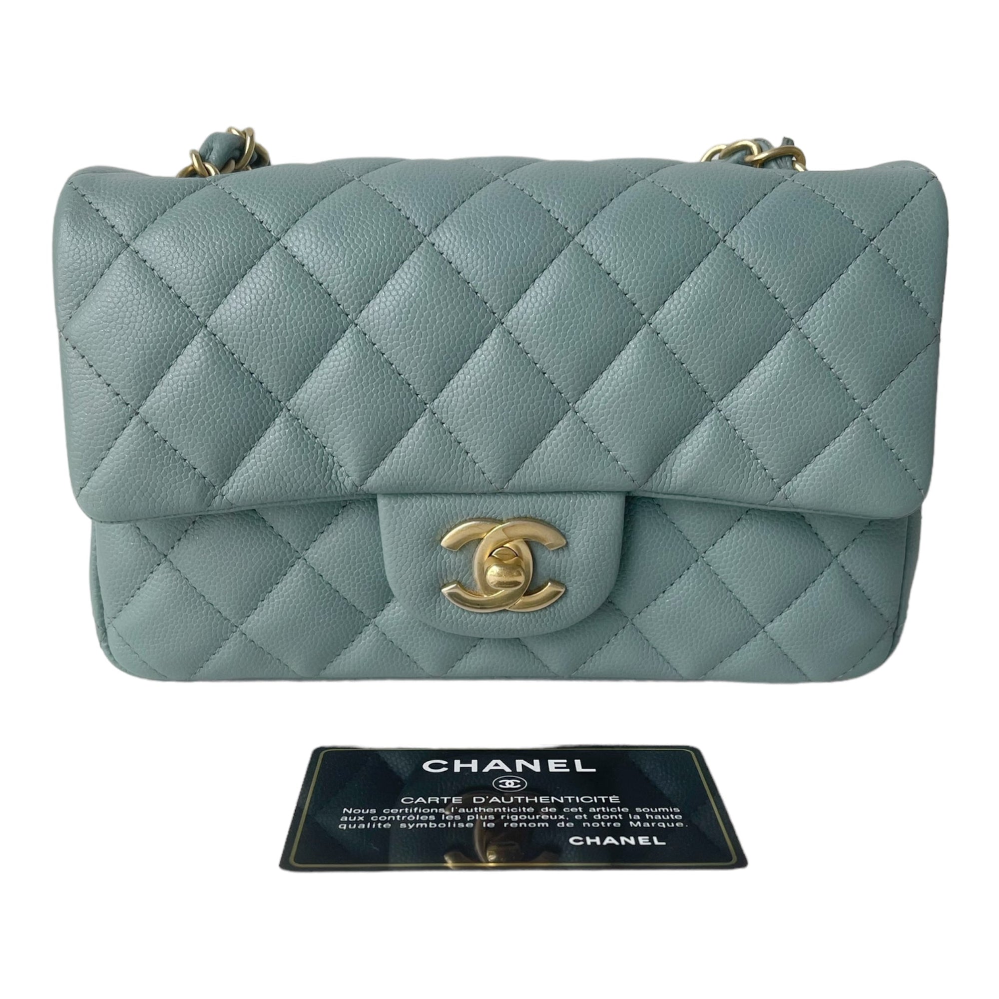 CHNL Quilted Mini Rectangular Flap Iridescent Blue Green Aged Gold Hardware 18C