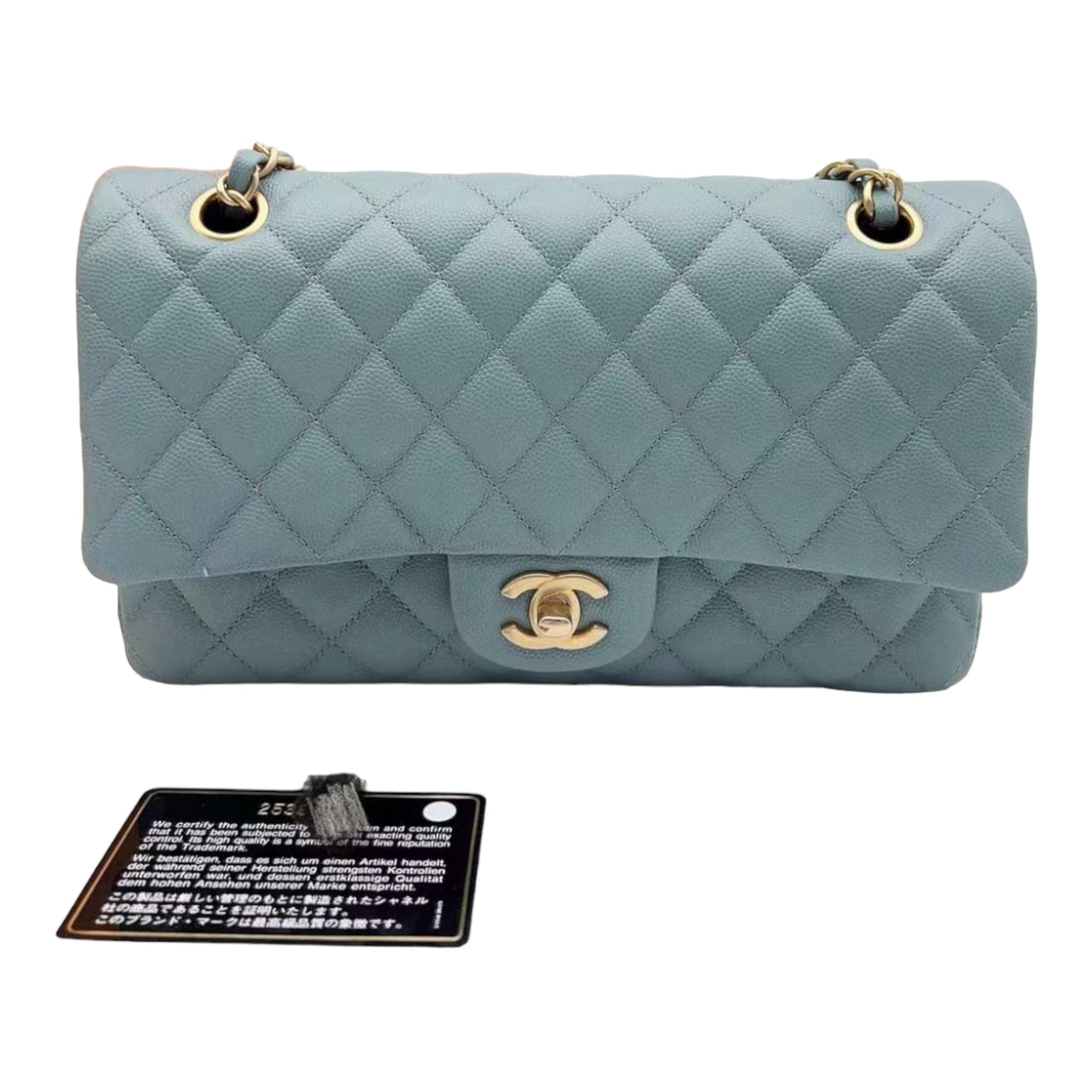 CHNL 18C Iridescent Blue Caviar Flap Bag Brushed Gold Hardware