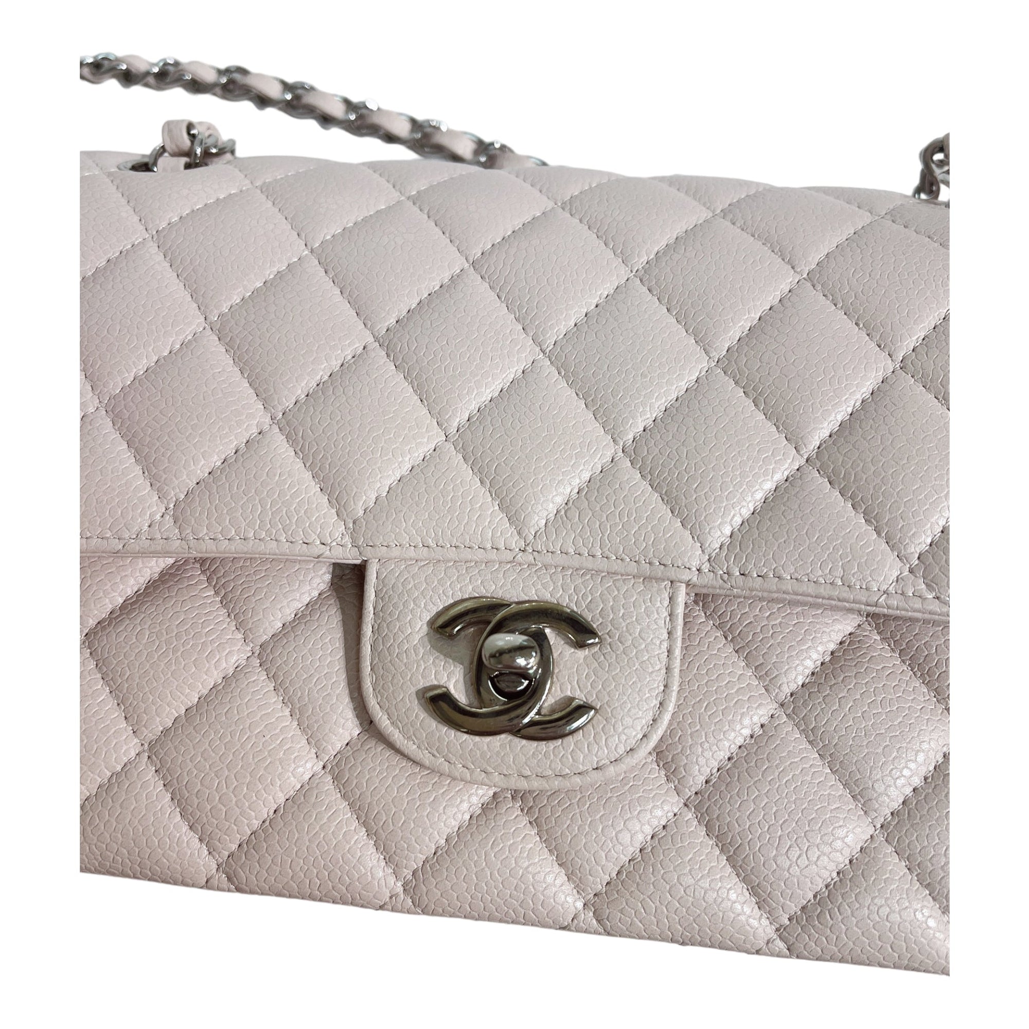 CHNL Classic M/L Medium Flap Quilted Light Pink Caviar Gold Hardware