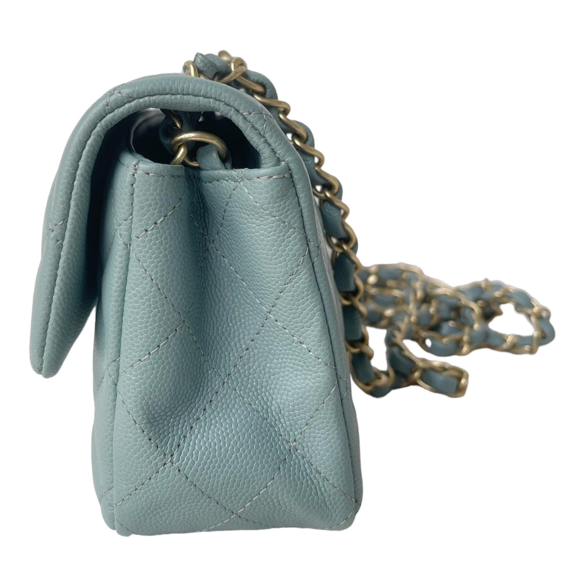 CHNL Quilted Mini Rectangular Flap Iridescent Blue Green Aged Gold Hardware 18C