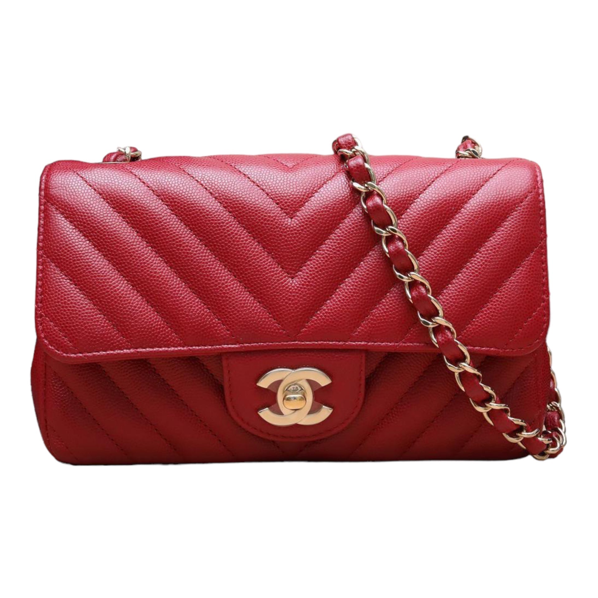 CHNL Mini Rectangle Chevron Red Caviar With GHW