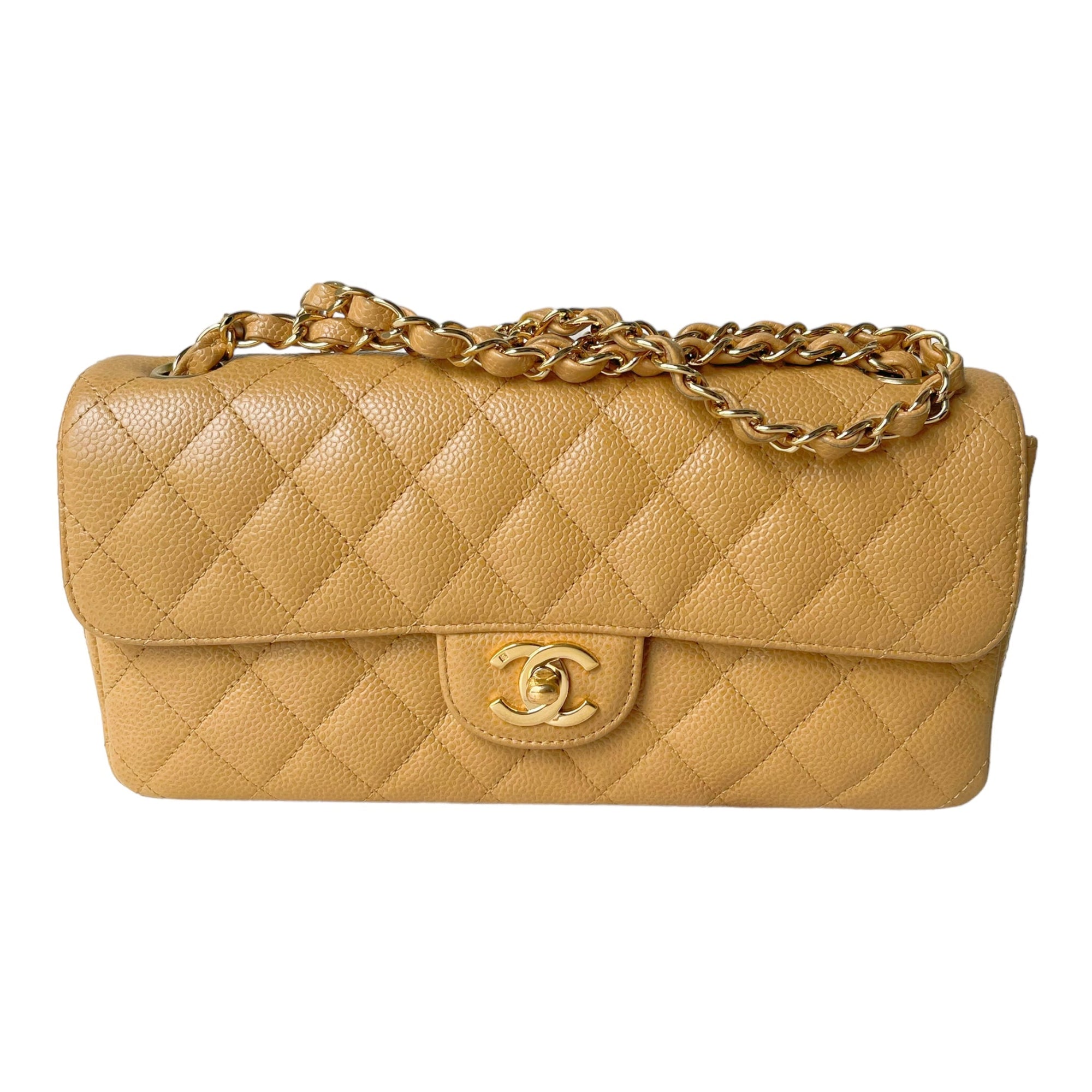 CHNL Quilted East West Flap Dark Beige Caviar Gold Hardware