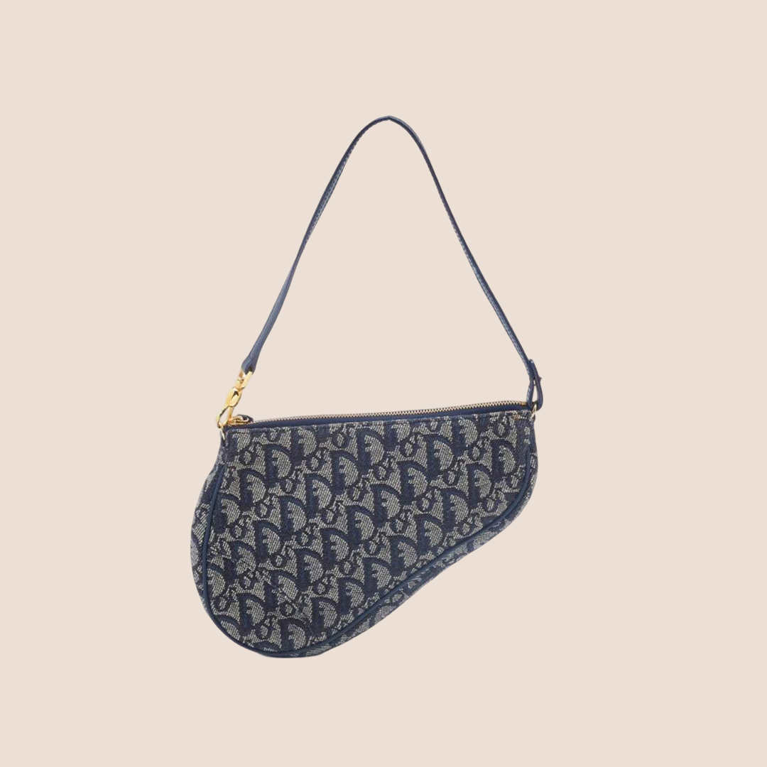 CHRISTIAN DOR BLUE OBLIQUE CANVAS SADDLE BAG