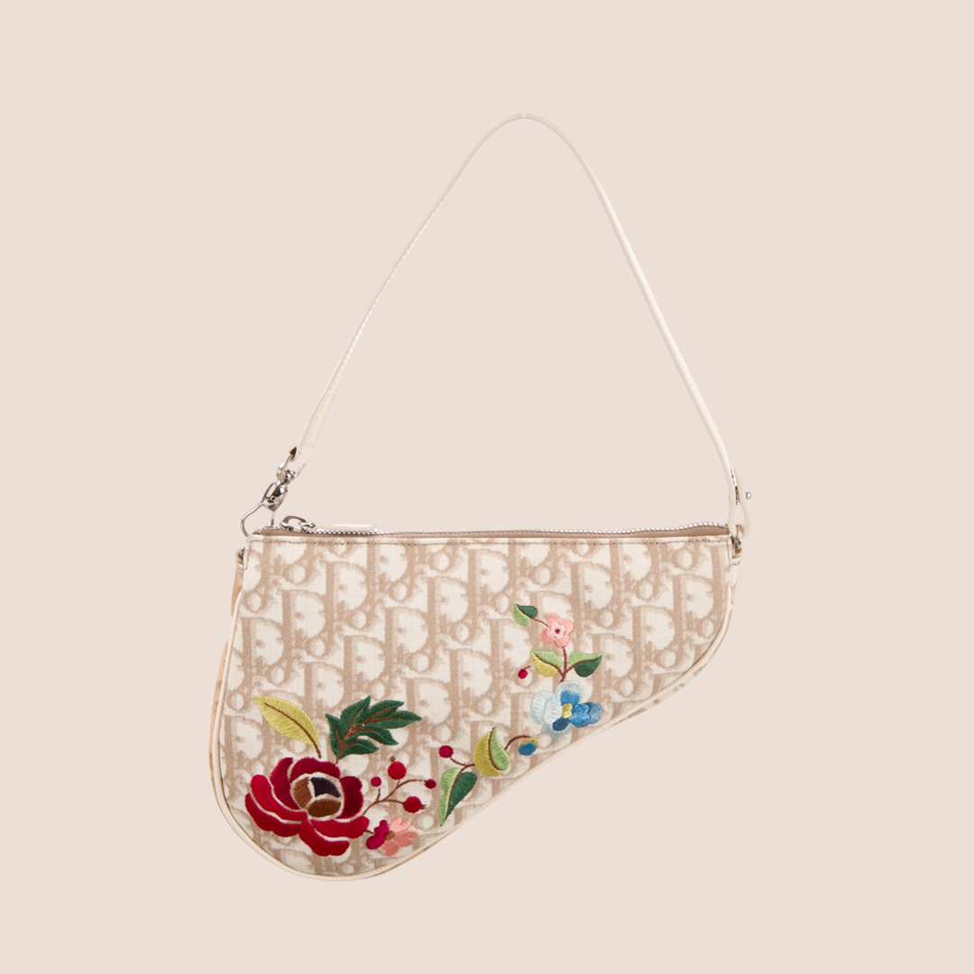 CHRISTIAN DOR BEIGE EMBROIDERED FLOWERS SADDLE BAG