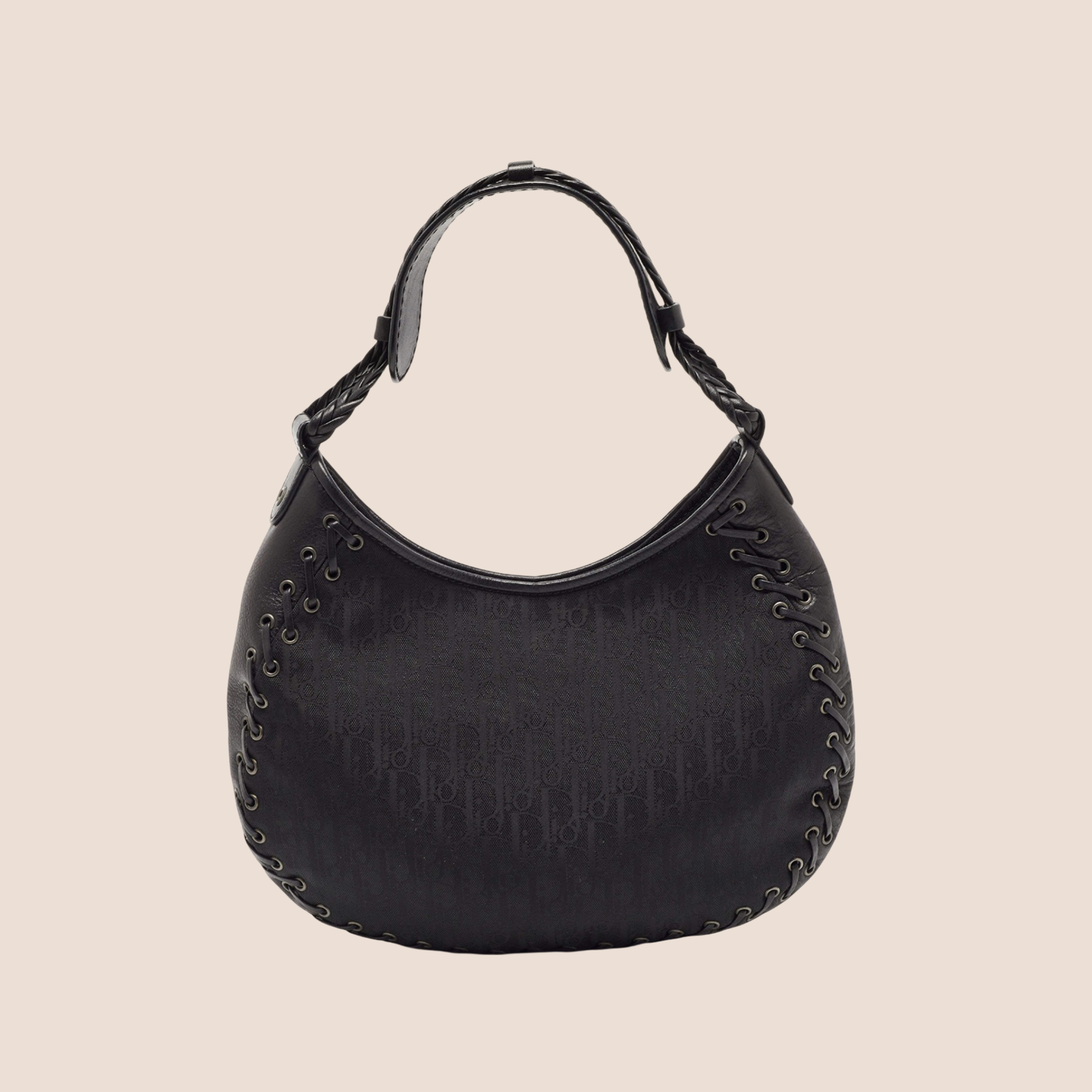 CHRISTIAN DOR BLACK OBLIQUE NYLON &amp; LEATHER HOBO BAG