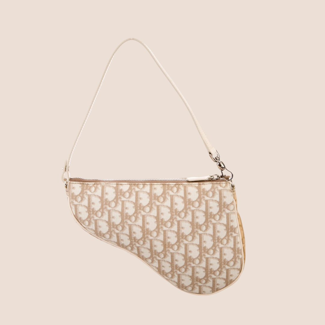 CHRISTIAN DOR BEIGE EMBROIDERED FLOWERS SADDLE BAG
