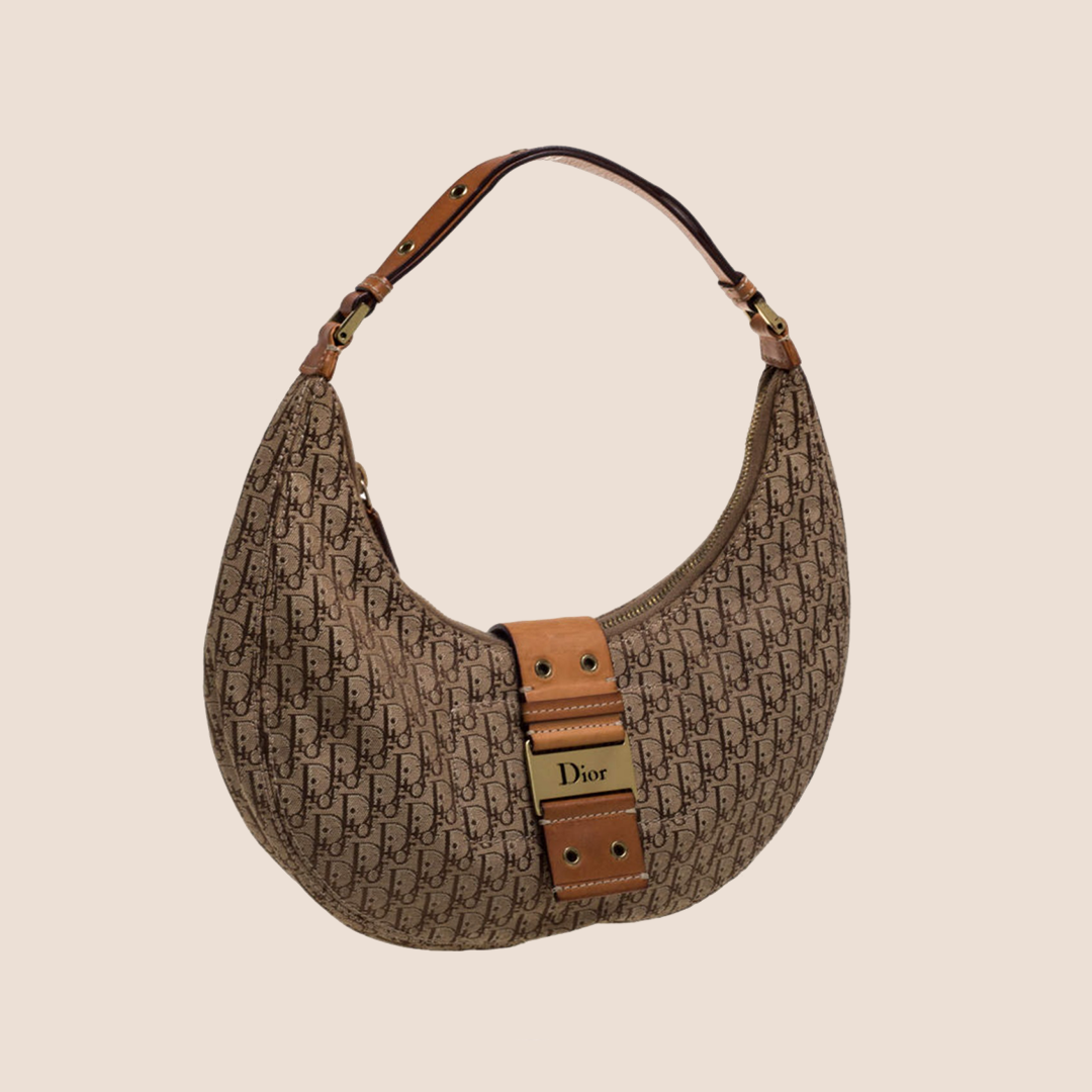 CHRISTIAN DOR BEIGE &amp; BROWN STREET CHIC HALF MOON BAG