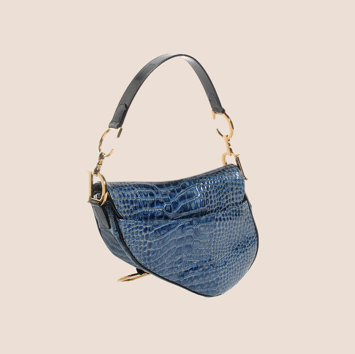 CHRISTIAN DOR BLUE CALFSKIN CROCODILE EMBOSSED SADDLE BAG