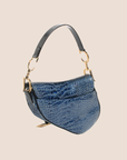 CHRISTIAN DOR BLUE CALFSKIN CROCODILE EMBOSSED SADDLE BAG