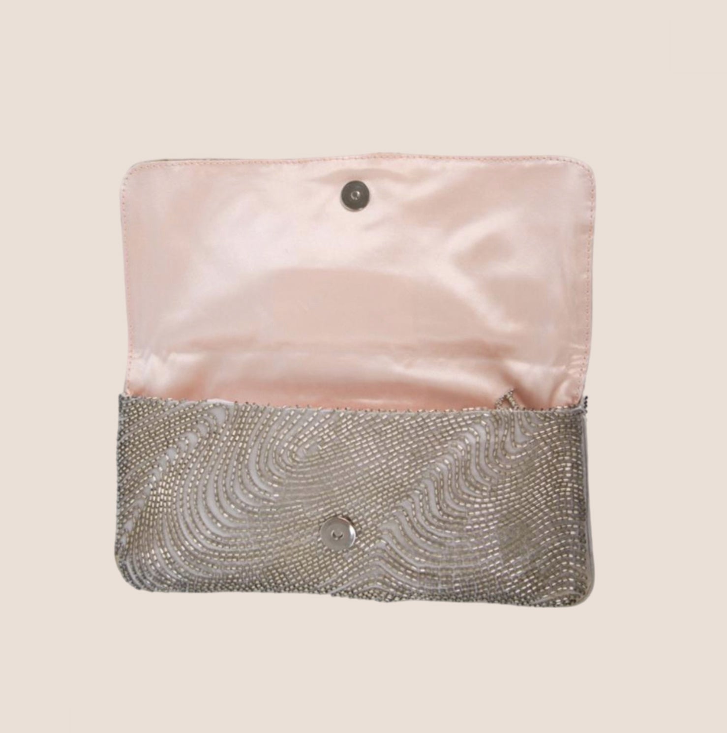 CHRISTIAN DOR BEADED SILVER SATIN LOGO CLUTCH
