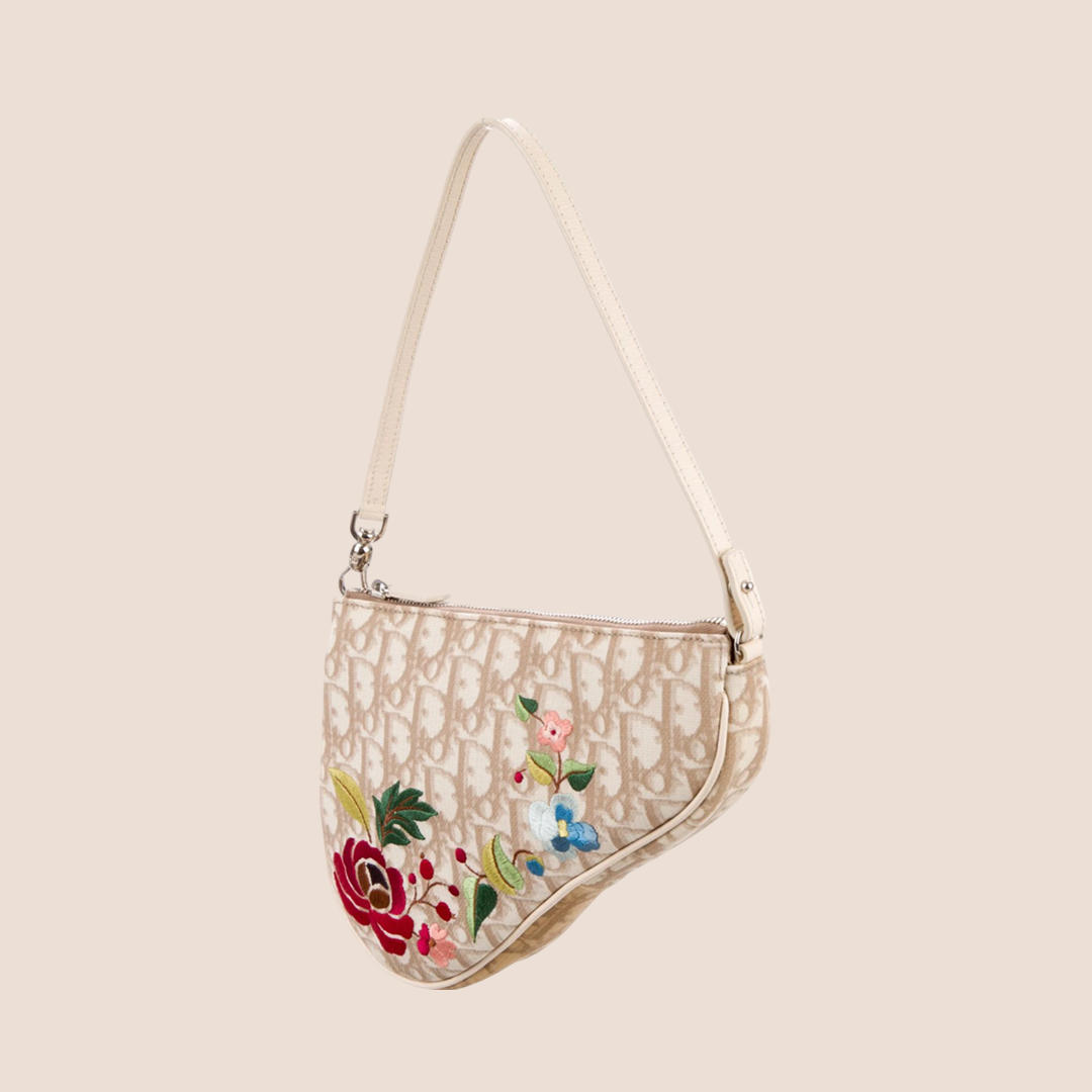 CHRISTIAN DOR BEIGE EMBROIDERED FLOWERS SADDLE BAG