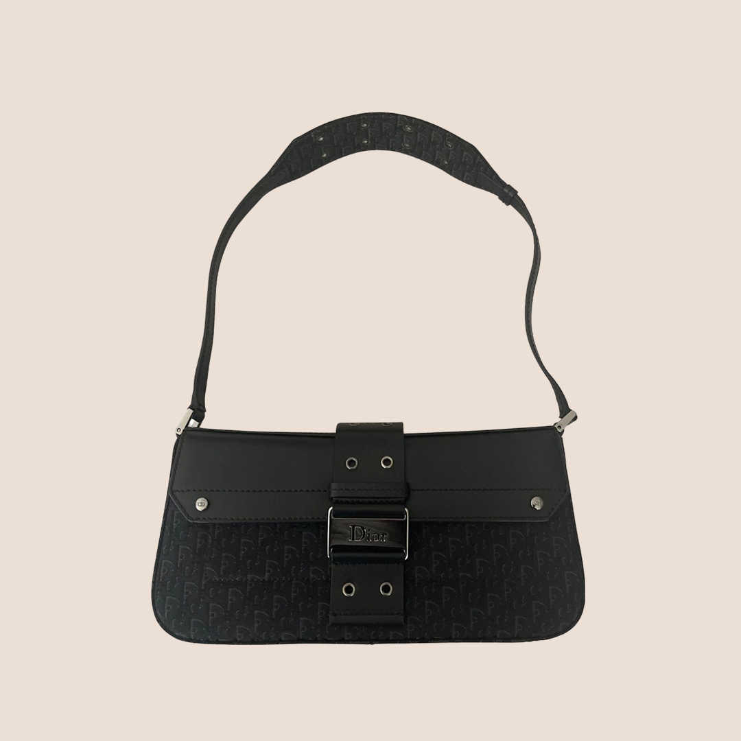 CHRISTIAN DOR BLACK OBLIQUE CANVAS STREET CHIC SHOULDER BAG