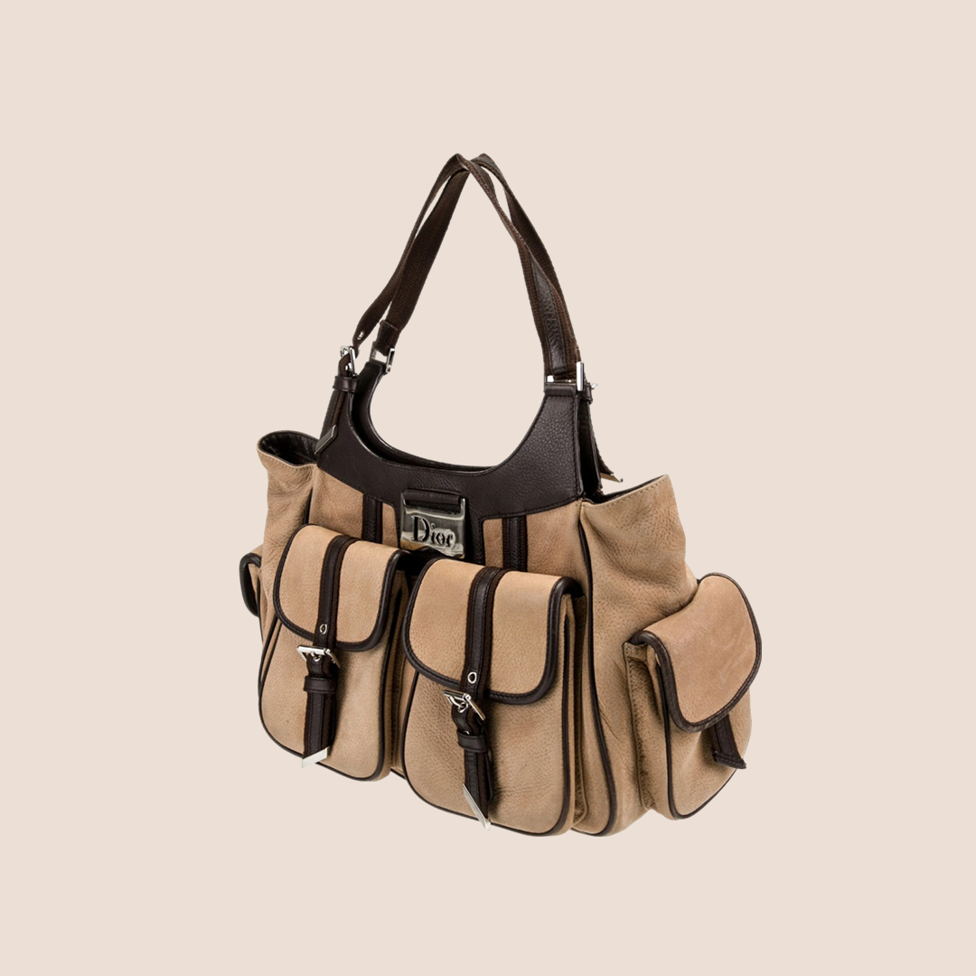 CHRISTIAN DOR BROWN SUEDE STREET CHIC MULTIPOCKET SHOULDER BAG