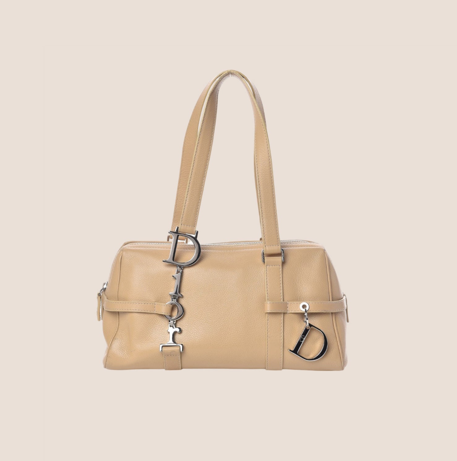 CHRISTIAN DOR BEIGE LEATHER LOGO SPELL OUT CHARM BOSTON BAG