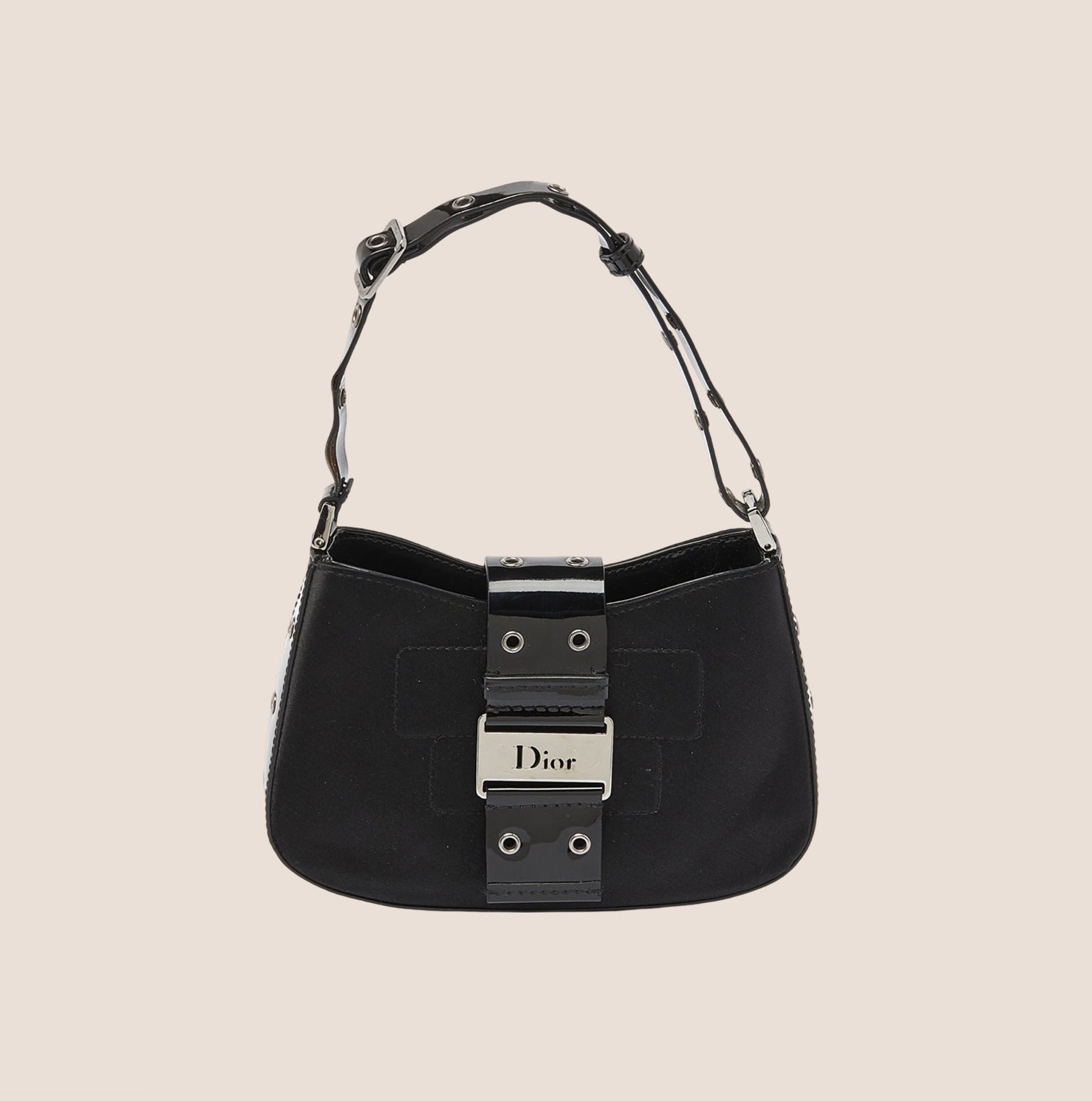 CHRISTIAN DOR BLACK SATIN &amp; PATENT LEATHER MINI STREET CHIC HOBO BAG