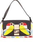 FNDI Denim Multicolor Beaded Fringe Qutweet Bird Baguette Bag