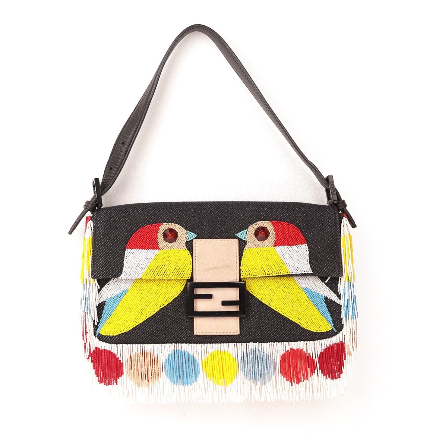 FNDI Denim Multicolor Beaded Fringe Qutweet Bird Baguette Bag