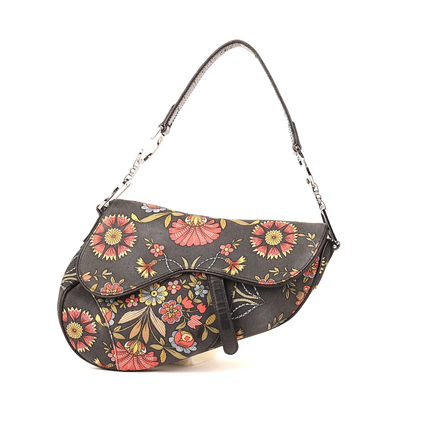 Christian DOR Black Canvas And Leather Vintage Floral Print Saddle Bag