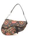 Christian DOR Black Canvas And Leather Vintage Floral Print Saddle Bag