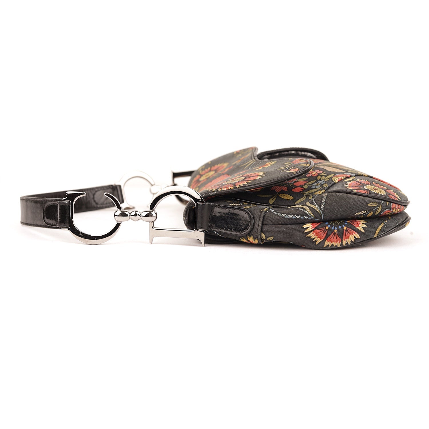 Christian DOR Black Canvas And Leather Vintage Floral Print Saddle Bag