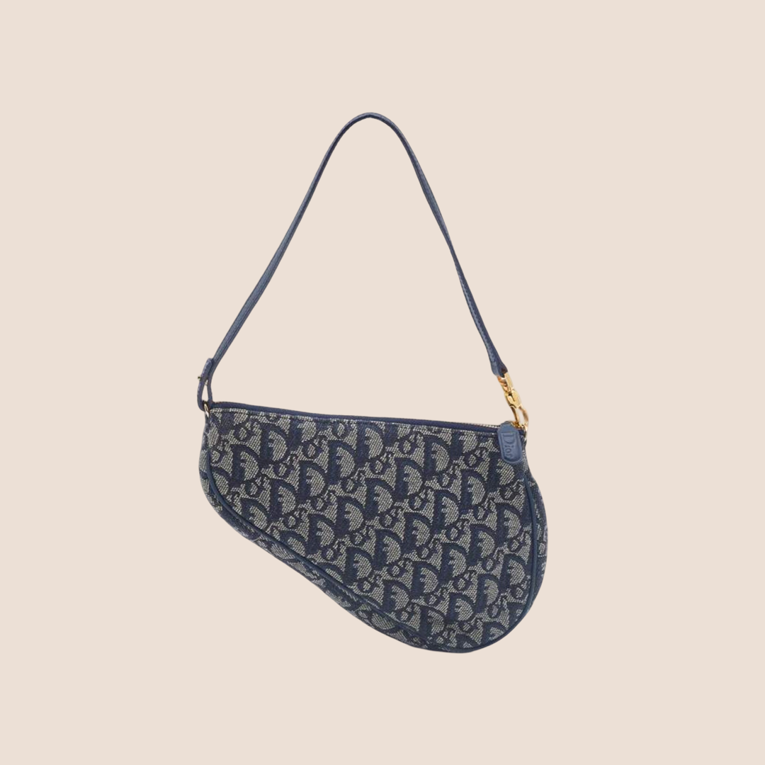 CHRISTIAN DOR BLUE OBLIQUE CANVAS SADDLE BAG