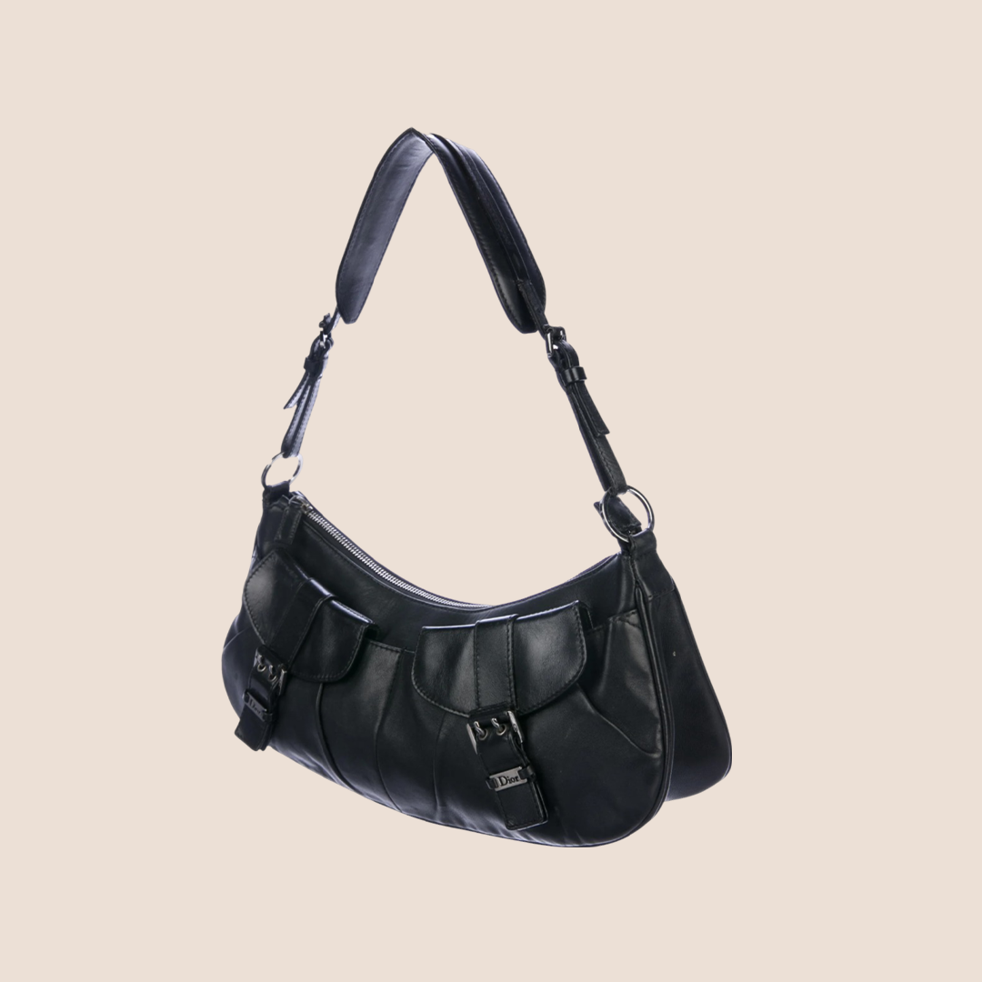 CHRISTIAN DOR BLACK LEATHER CROISSANT SHOULDER BAG