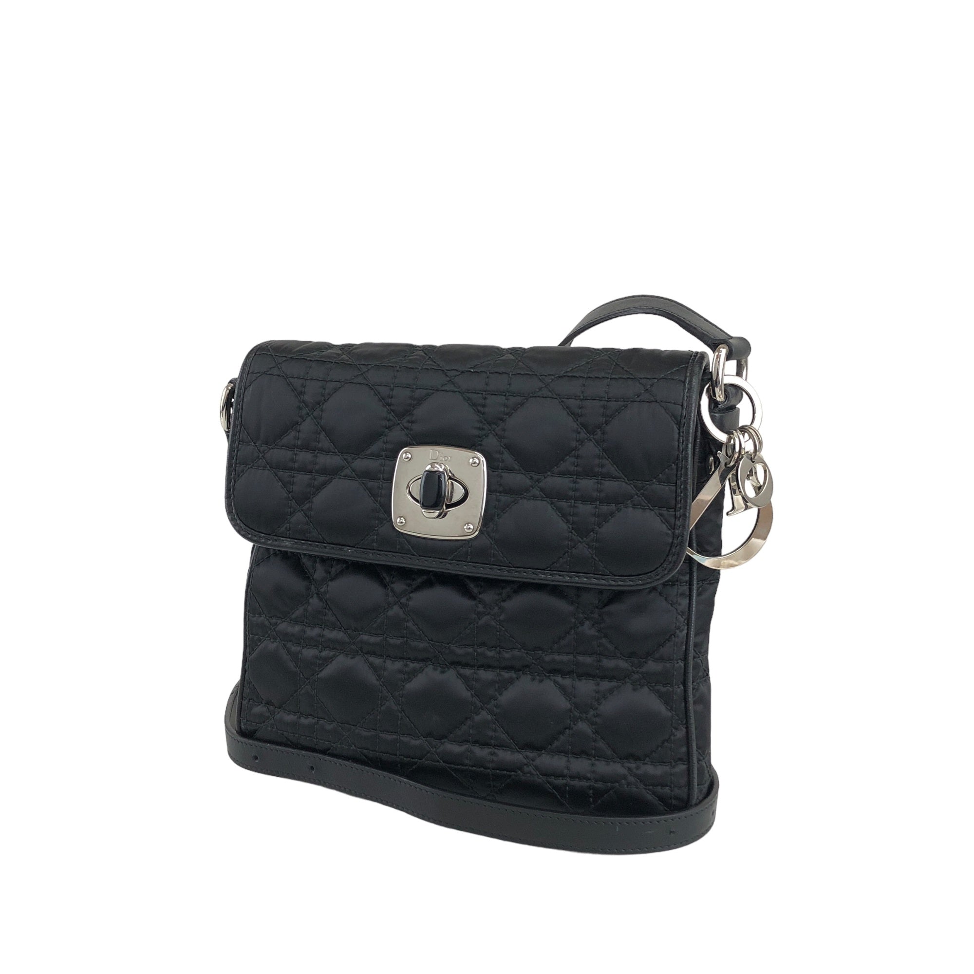Christian DOR Cannage Logo Charm Turn Lock Shoulder bag Black Vintage swmte