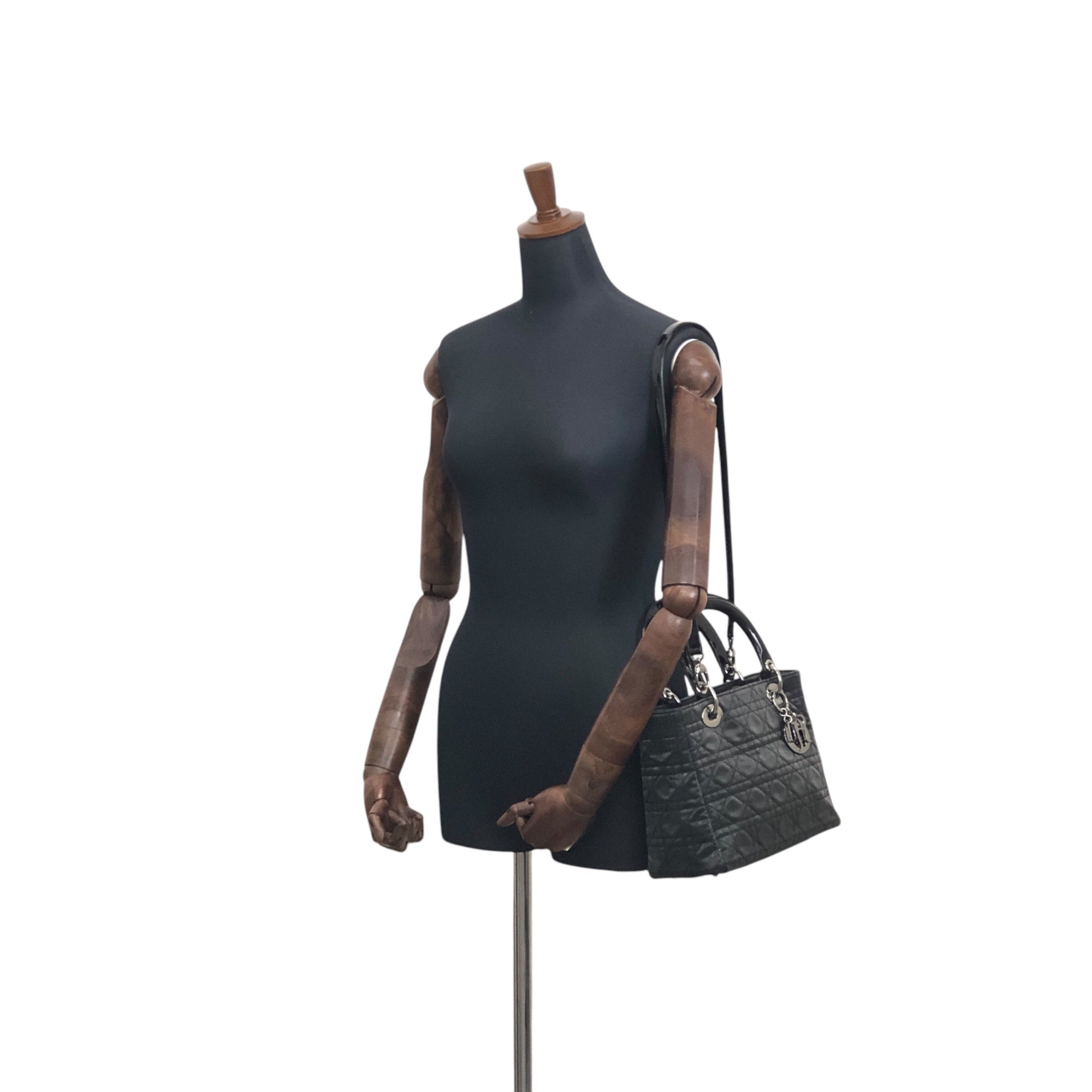 Christian DOR Cannage CD Logo Charm Two-way Handbag Shoulder bag Black Vintage cgj